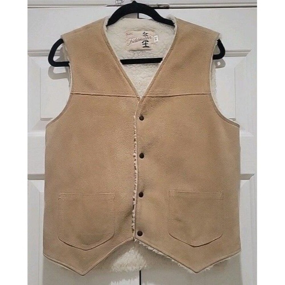 VTG FIELDMASTER Suede Leather Vest Mens MD Lined Snap Ranch Western USA Sherpa